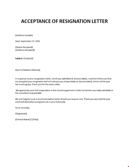 acceptance of resignation letter template