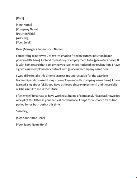 resignation letter: two weeks notice for employment at template
