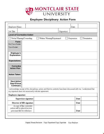 employee disciplinary action form - easy to use template with action plan and signature template