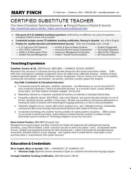 substitute teacher resume skills template
