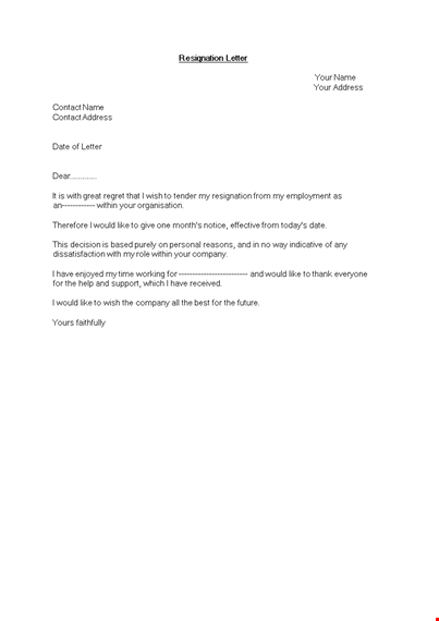 resignation letter for personal reason with one month notice | sample template, address, contact template