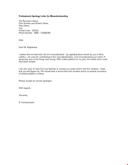 professional apology letter for misunderstanding template