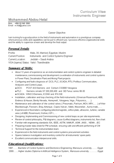 instrumentation engineering resume format template