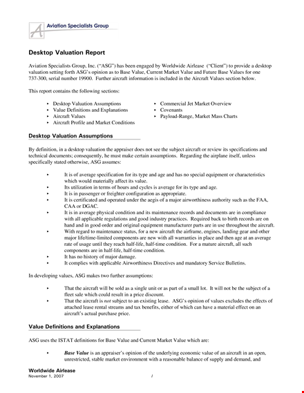 value and market analysis of aircraft - desktop valuation report template