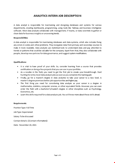 data analyst internship description template