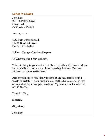 change of address formal letter sample template