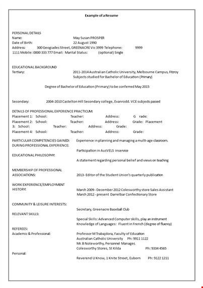 professional education resume example - school, professional experience & placement | address template