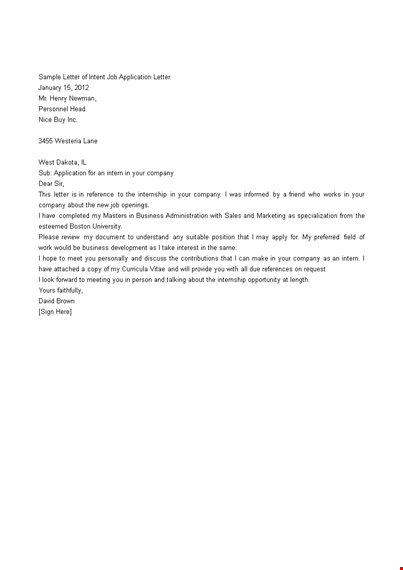letter of intent for job application template template