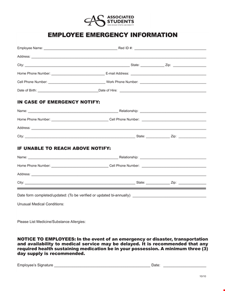 university employee emergency notification form template