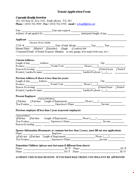 rental application template - address, information, length & phone template