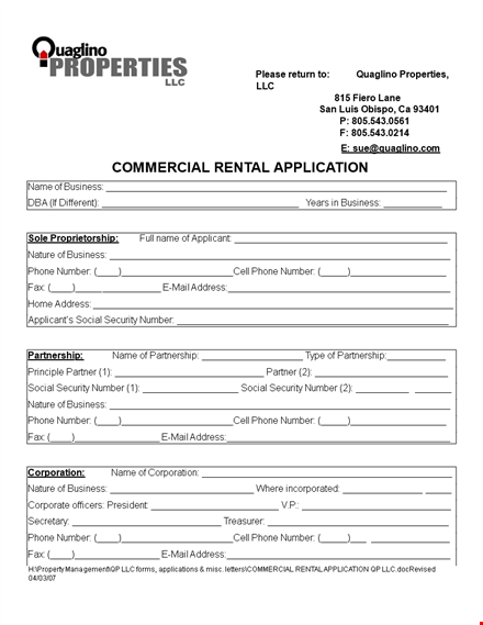 sample commercial rental application form | business | number | address | phone template