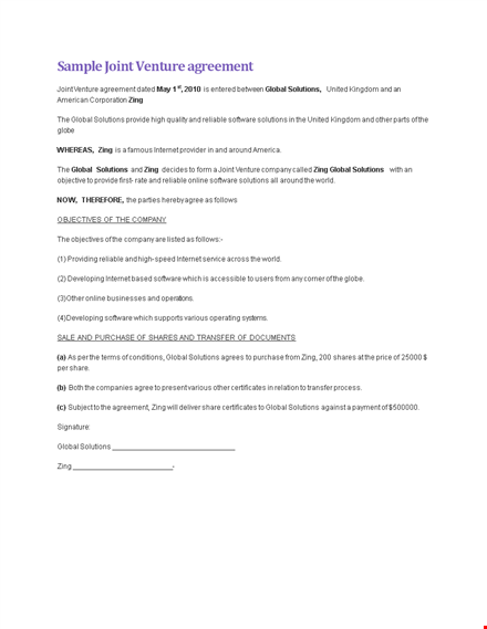 global joint venture agreement template for software solutions template
