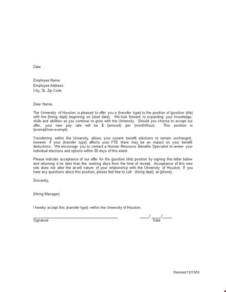 job transfer offer letter template template