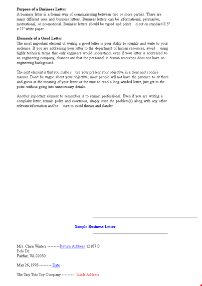 sample standard business letter template