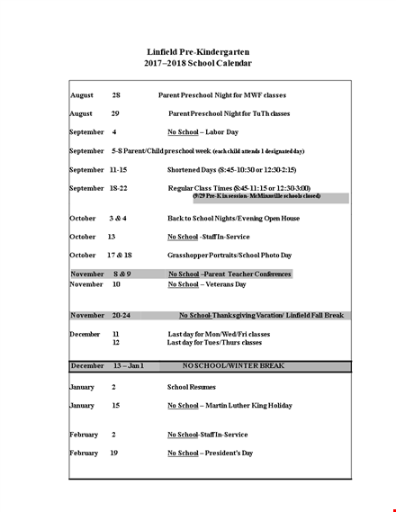 pre k calendar template