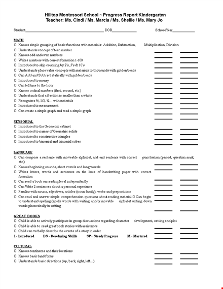 montessori kindergarten progress report template