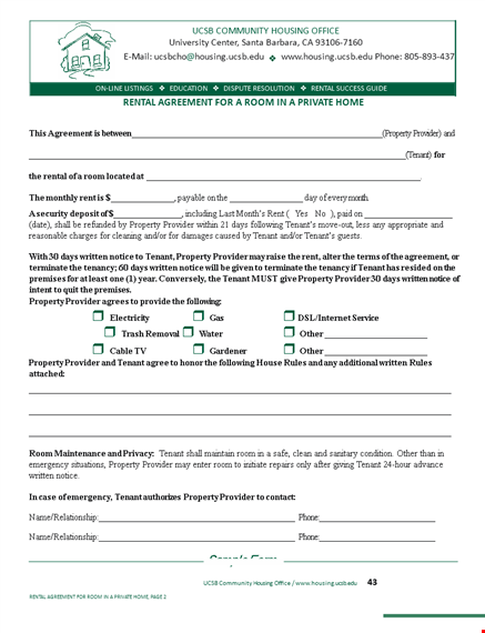 room rental lease agreement form | property provider | tenant housing template