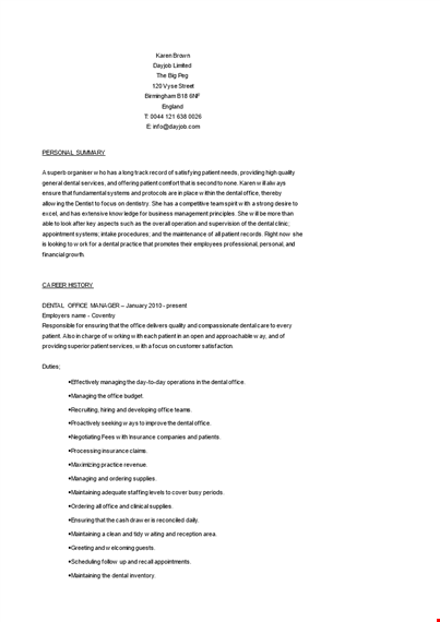 dental office manager resume template