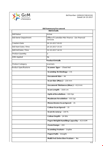 government bid documents: summary template & product availability template