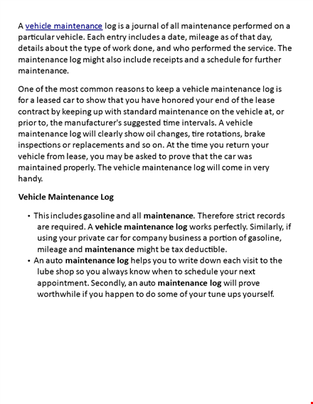 vehicle maintenance log template - keep track of vehicle maintenance and ensure optimal performance! template