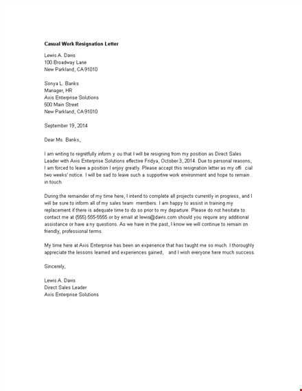 casual work resignation letter template