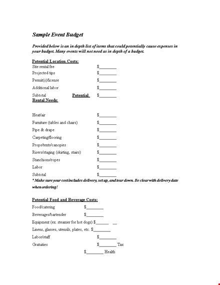 event planning budget template - manage labor costs and subtotal for potential events template
