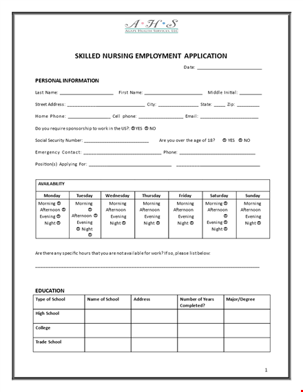 nursing employment application template