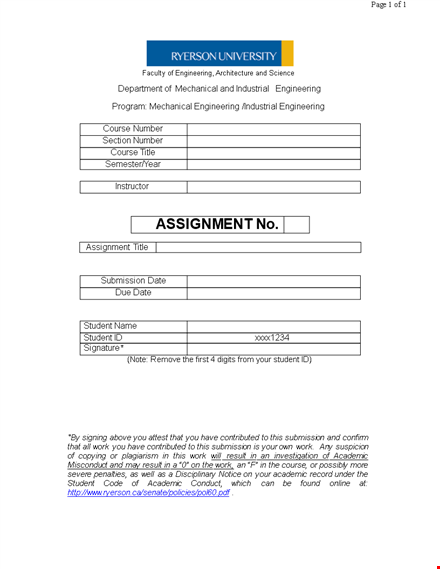 engineering student course submission cover page template template