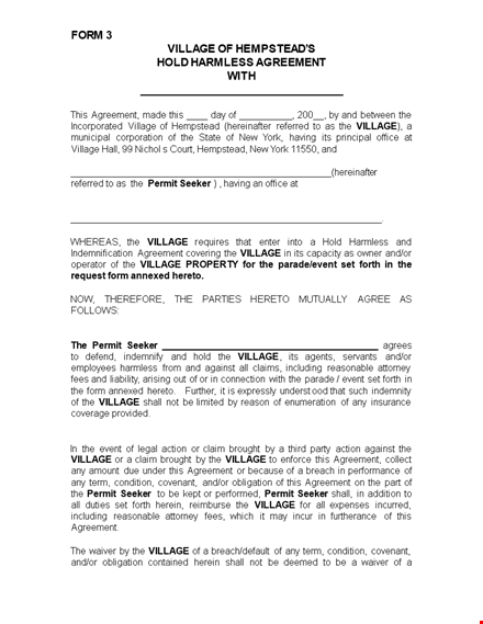 download hold harmless agreement template for village permits - protect yourself as a seeker template