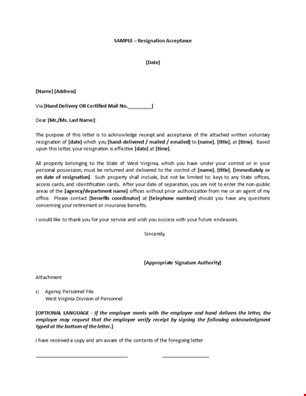 resignation acceptance letter format template