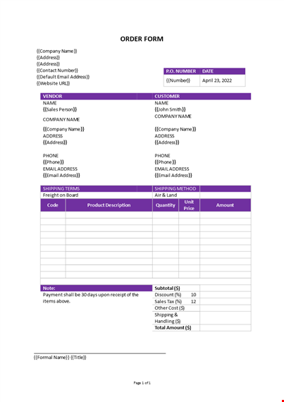 order form template template