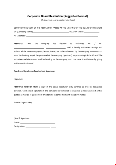 certified corporate resolution form | board & company | organization template