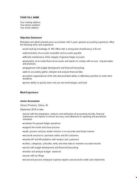 junior corporate accountant resume template
