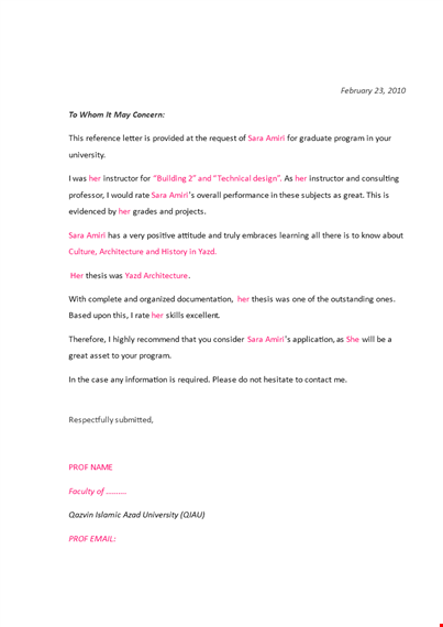 teacher recommendation letter template for university program instructor - amiri template