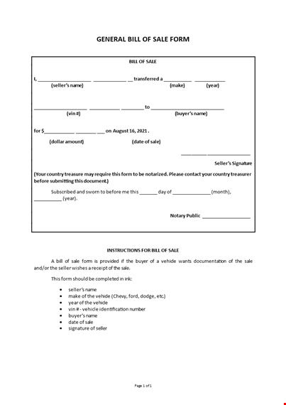 general bill of sale form template