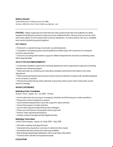 marketing and sales coordinator resume template
