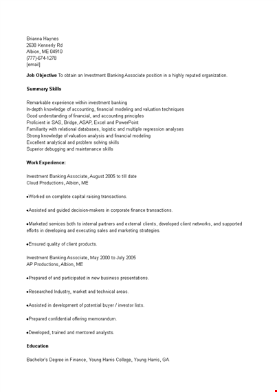 investment banking associate resume template