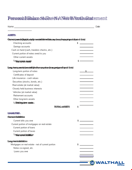 total personal balance: calculating current liabilities and assets portion template