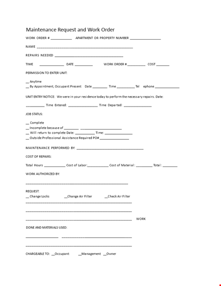 editable repair work order template pdf format template