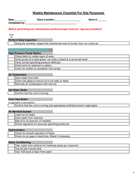 weekly maintenance checklist template template