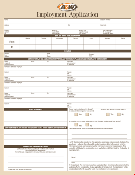 free restaurant job application form template