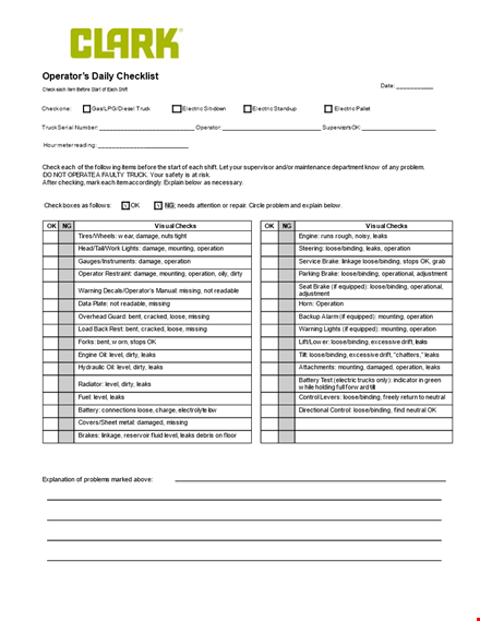free pdf format daily checklist: operation, binding, loose, leaks, mounting template