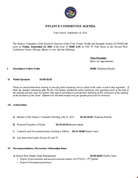 finance committee agenda template for an effective and public meeting: report, committee items template