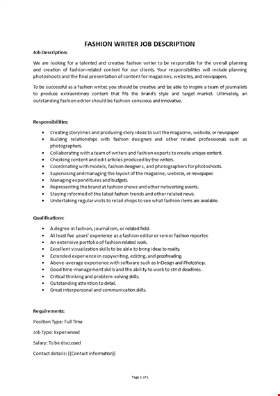 fashion writer job description template