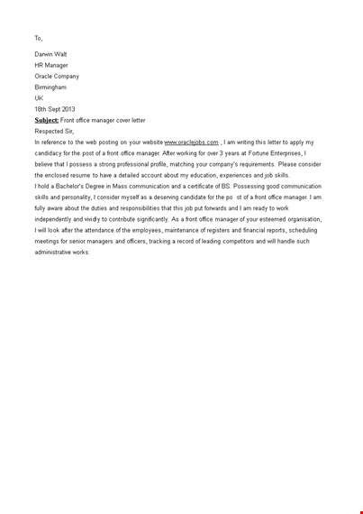front office manager cover letter - expertly crafted for companies in need template