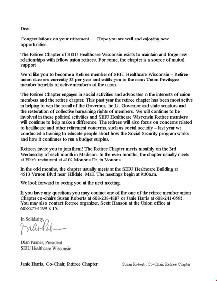 congratulations letter for healthcare union chapter retiree template