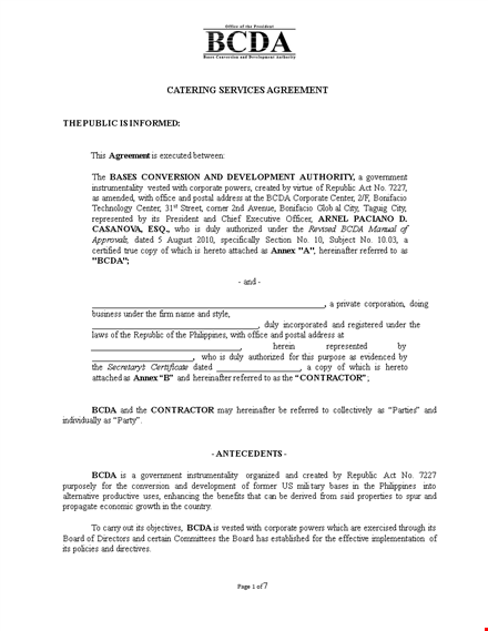 catering services contract - agreement, contractor & section - shall template
