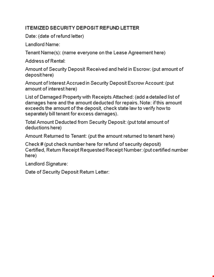 letter for returning security deposit to tenant template