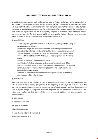 assembly technician job description template