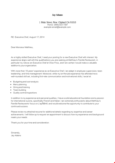 executive chef cover letter template